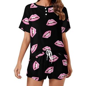 Roze Lippen Zachte Dames Pyjama Korte Mouw Pyjama Loungewear met Zakken Gift voor Thuis Strand 4XL