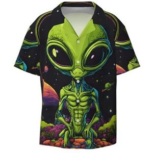 Groene Alien Print Heren Jurk Shirts Casual Button Down Korte Mouw Zomer Strand Shirt Vakantie Shirts, Zwart, XL