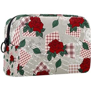 Cosmetische tas voor dames,kleine make-uptas voor portemonnee,Rode geruite vintage roos,Cosmetische reistas,make-uptasje