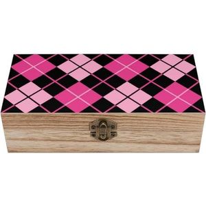 Zwart en roze Argyle Houten Craft Opbergdozen met Deksels Keepsake Schat Sieraden Doos Organizer