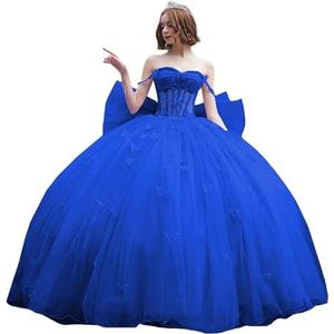 Fuomomo Quinceanera-jurk met dunne bandjes en vlinderglitter, Quinceanera-jurk met vlinders en grote strik, baljurk van kant met parels MT053, Royal Blauw, 44
