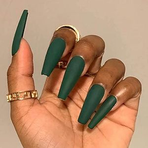 Coffin False Nails Long Fake Nails Ballerina Acrylic Press on Nails Pure Color Stick on Nails 24pcs for Women and Girls(Dark green)