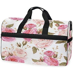 Amor Gymtas met roze bloemen, sporttas met vak voor schoenen, van linnen, gekruiste tas voor reizen, dames en meisjes