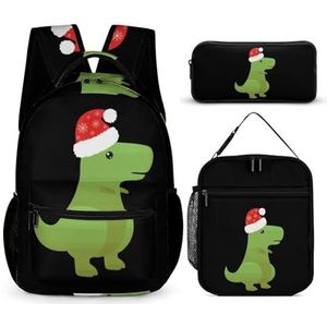 Kerst Dinosaurus Print Rugzak Set Reizen Laptop Rugzak met Lunch Tas En Potlood Tas