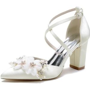 GHSIRUEU Vrouwenhoge pumps met kruisband gesloten teen bruiloft bruidsfeestje jurk schoenen met bloem kristal parel,ivoor,36 EU