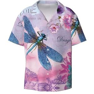 OdDdot Roze Bloem en Blauwe Dragonfly Print Mannen Button Down Shirt Korte Mouw Casual Shirt Voor Mannen Zomer Business Casual Jurk Shirt, Zwart, 4XL