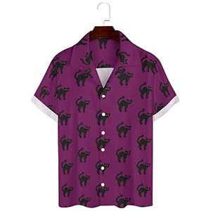 Zwarte kat op paars Hawaïaans herenoverhemd met korte mouwen Guayabera-shirt, casual strandshirt, zomershirts, L