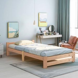 Aunvla Solide massief houten bed, futonbed, massief hout, natuurlijk bed met hoofdeinde en lattenbodem, natuur (200x90cm)