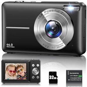 Digitale camera 1080p 44MP fototoestel met 16X digitale zoom, vlogging apparaat compact met 2,4 inch lcd-scherm, 32G micro-geheugenkaart, 1 accu voor kinderen, tieners, studenten