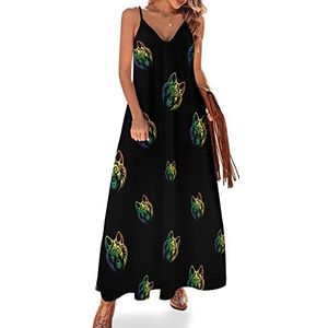 Regenboog wolfshoofd dames zomer maxi-jurk V-hals mouwloze spaghettibandjes lange jurk