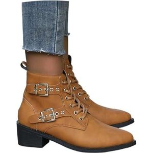 Dames Elegante Chelsea Enkellaarsjes Met Blokhak PU Leren Bikerbooties Met Gesp Damesmode Puntige Neus Enkelschoenen Casual Korte Veterlaarzen(Yellow,43 EU)