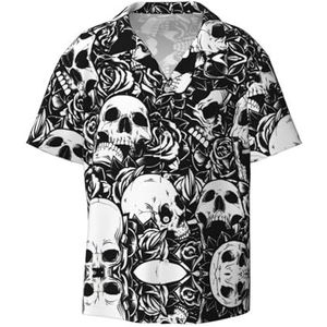 TyEdee Overhemden met schedelprint voor heren, korte mouwen, met zak, casual overhemd met knopen, zakelijk overhemd, Zwart, XL