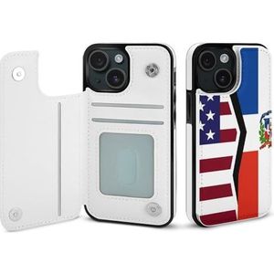Amerikaanse en Dominica-vlag flip telefoonhoesje compatibel voor iPhone 15 schattig portemonneehoesje telefoon beschermhoes met kaarthouder
