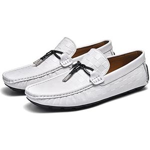 Heren Loafers Schoenen Mocassins Plaid Eenvoudig Leer Platte Hak Antislip Comfortabel Mode Slip On(White,38 EU)