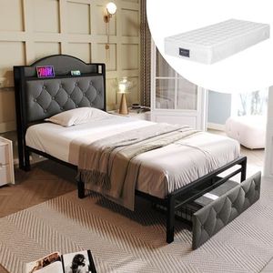 Aunvla Gestoffeerd bed met USB type C oplaadfunctie en laden, eenpersoonsbed, 90 x 200, opbergbedden, bedframe met lattenbodem van metalen frame, grijs (met matras)