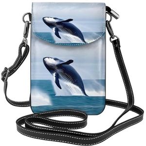 Cartoon Blue Star Pattern Dames Lederen Flap Phone Bag Multifunctionele kleine schoudertas voor dagelijks gebruik en reizen, walvissen op zee, eenheidsmaat, Walvissen At Sea, Eén Maat