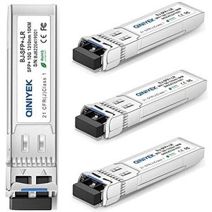 10GBase-LR SFP+-zendontvanger, 10G Singlemode SFP+ LC-module voor Cisco SFP-10G-LR, Ubiquiti UF-SM-10G, Meraki MA-SFP-10GB-LR, Mikrotik, Supermicro, Netgear (SMF, 1310nm, 10km, DDM)(Pak van 4)
