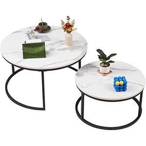 Soayone salontafel rond set van 2, wit marmeren salontafel met zwart metalen frame, ronde bijzettafel, moderne salontafel, nesttafels voor de woonkamer, slaapkamer, het balkon