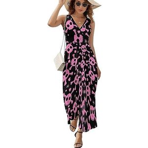 Roze doodskop casual maxi-jurk voor vrouwen V-hals zomerjurk mouwloze strandjurk XL