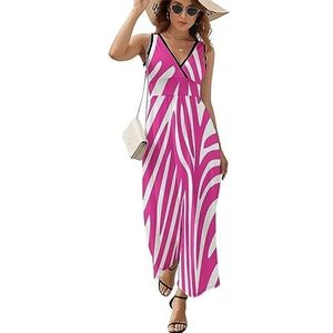 Roze Zebra Print Casual Maxi Jurk Voor Vrouwen V-hals Zomer Jurk Mouwloze Strandjurk 2XL