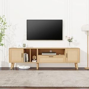 Idemon Ruime tv-kast van 180 cm met rotan decoratie, 2 deuren en een lade, poten van massief hout, biedt ruimte voor een 80 inch televisie, tv-opbergkast, tv-kast