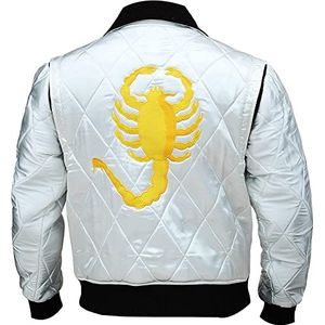 Heren Ryan Gosling Drive Jacket-Wit Satijn Motorfiets Gewatteerde Jas voor Mannen-Schorpioen Logo Geborduurd Trucker Stijl Bomber Jacket Mannen, Wit - Satijn Jas, XS