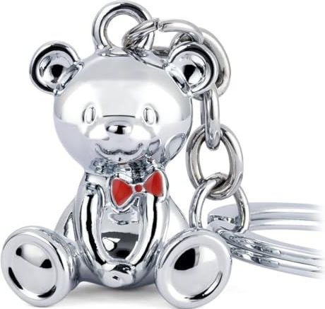 TROIKA Sleutelhanger teddybeer met rode strik BÄRND van gegoten metaal met sleutelring, verchroomd, zilverkleurig origineel, zilverkleuren, 9,2 x 3,5 x 2,8 cm