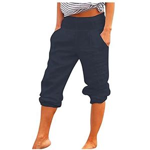 Katoenen broek met zakken, korte en solide vrijetijdsbroek voor dames, pyjama, 3/4 broek voor dames, marineblauw, XL