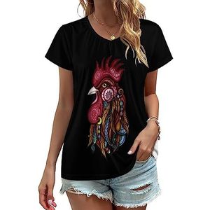 Tribal Rooster Design Dames V-hals T-shirts Leuke Grafische Korte Mouw Casual Tee Tops L