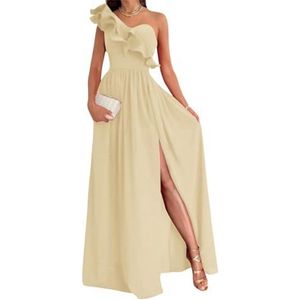 Damesjurk met één schouder voor bruidsmeisjes, fluweel, mouwloos, lange formele jurk met split, Champagne, 52