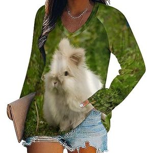 Angora Rabbit dames casual T-shirts met lange mouwen V-hals bedrukte grafische blouses T-shirt tops M