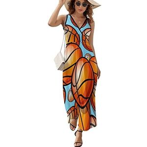 Basketbalpatroon casual maxi-jurk voor vrouwen V-hals zomerjurk mouwloze strandjurk 2XL