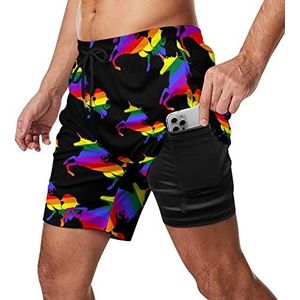 Gay Pride LGBT Unicorn zwembroek voor heren, sneldrogend, 2-in-1 strandsportshorts met compressieliner en zak