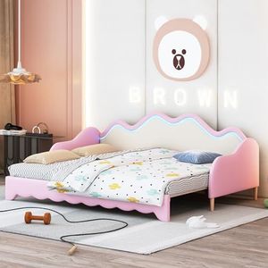 Aunvla Gestoffeerd bed 90 (180) x 190 cm, 2-in-1 multifunctionele slaapbank, kinderbed van kunstleer met ledverlichting, met lattenbodem, roze