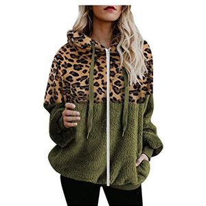 ZWQJYH Damestrui met capuchon, hoodie, luipaardpatroon, herfst, winter, warm bovendeel, teddy-fleece, pluche met ritssluiting, eenkleurig, casual sweatshirt, Legergroen, XL