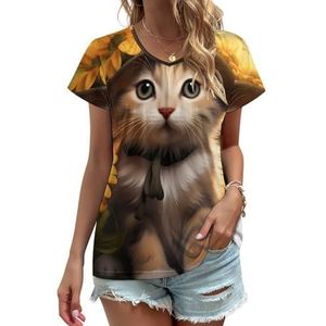 Vakantie Kitten Zonnebloem Vrouwen V-hals T-shirts Leuke Grafische Korte Mouw Casual Tee Tops 3XL