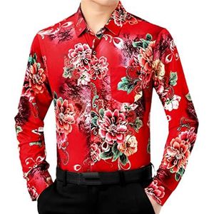 GTSFTJ Rode Bloemen Heren Jurk Shirts Slim Fit Lange Mouw Top Blouse Casual Button Down Sociale Partij Chemise, Rood, XXL