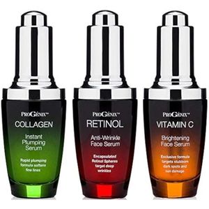 Progenix Professionele huidverzorgingsset. Anti-aging serum set bevat collageen serum, retinol serum, vitamine C serum. Helpt bij het opruimen van rimpels, een verdikking van de huid en een heldere