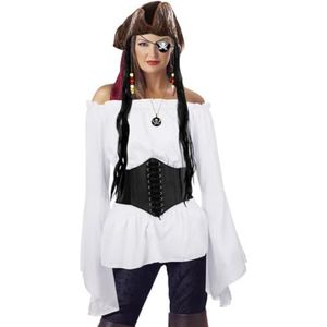 Middeleeuws renaissance-shirtkostuum voor Halloween cosplay, 5 stuks off-shoulder blouse-tops met piratenhoed ooglapketting, piratenkostuum voor vrouwen met korset tailleriem