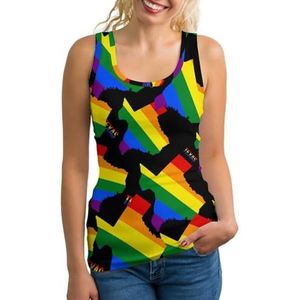 Texas State Map in LGBT Regenboog Vlag Lichtgewicht Tank Top voor Vrouwen Mouwloze Workout Tops Yoga Racerback Running Shirts M