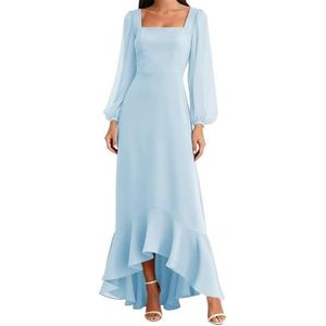 AHERKLL Bruidsmeisjesjurken met lange mouwen voor bruiloft chiffon formele avondfeest maxi-jurk hoog laag HAH052, Lichtblauw, 32