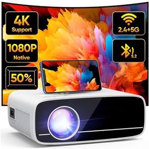 AKATUO Mini-Beamer 4K Ondersteund, 15000L Native 1080P 5G WiFi Bluetooth Projector Met 50% Zoom, Thuisbioscoop, Outdoor Beamer Voor Mobiele Telefoon, Compatibel Met