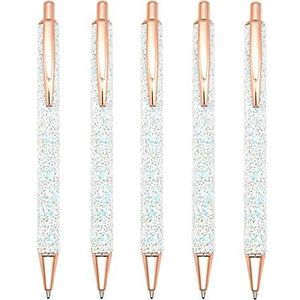 Gullor 5 stuks balpennen, glitter klik balpennen, zwarte inkt medium punt 1 mm, voor kantoorbenodigdheden cadeau bruiloft verjaardag, wit