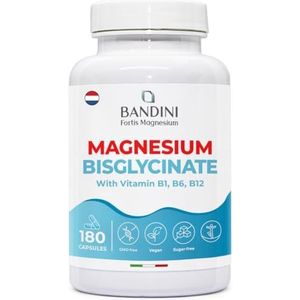 Bandini® Magnesium Bisglycinaat | 180 veganistische Capsules met Vitamine B1, B6, B12 | Magnesiumglycinaat 2 maanden | Hoge kwaliteit en biobeschikbaarheid | Tegen Stress en Vermoeidheid, helpt Slapen