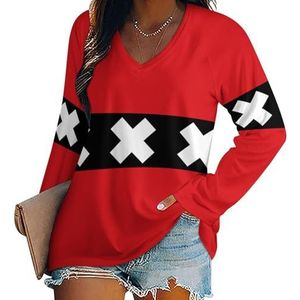 Amsterdam City Flag dames lange mouwen V-hals T-shirts herfst tops pullover tuniek T-shirt voor leggings