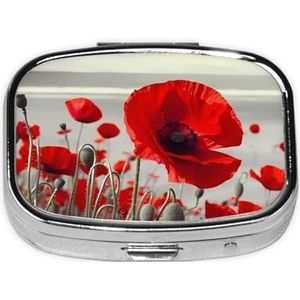 Rode klaproos bloemenprint, vierkante pillendoos met 2 compartimenten, draagbare mini-pillenetui, metalen pillenorganizer, pillencontainer voor zakportemonnee, kantoor, reizen