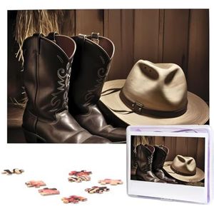 Cowboy zwarte hoed westerse laarzen puzzels 1000 stuks gepersonaliseerde legpuzzels voor volwassenen gepersonaliseerde foto met opbergtas puzzel houten foto's puzzel voor familie woondecoratie (74,9
