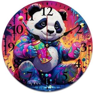 Graffiti Panda Verf Houten Wandklok Batterij Werkt Stille Niet-tikkende Ronde Klok Decoratief voor Thuis Woonkamer