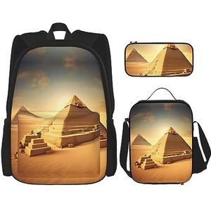 SUHNGE Engeland Symbolen Print Travel Backpack3 Pcs Set, Lichtgewicht Waterbestendig Boekentas, Lunch Tas, Potlood Case, Egyptische piramide in de woestijn, Eén maat