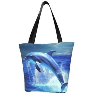 Schoudertas, canvas draagtas grote tas vrouwen casual handtas herbruikbare boodschappentassen, blauwe oceaan dolfijn print, zoals afgebeeld, Eén maat